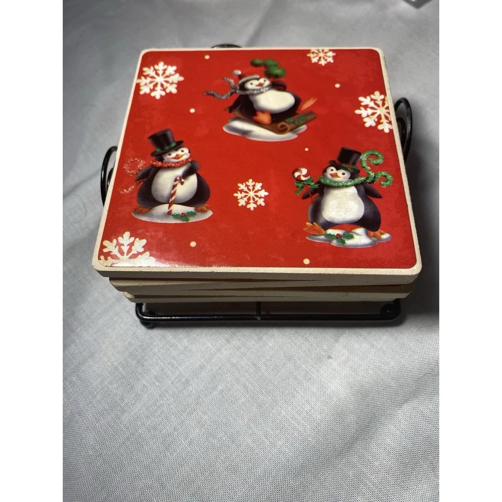 (4) Vintage Snowman Coasters with Wire Holder Christmas Holiday Winter